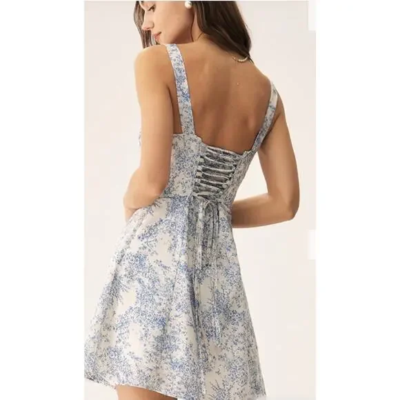 RIHOAS Blue Floral Ruched Slip Corset Mini Dress L - Picture 4 of 7